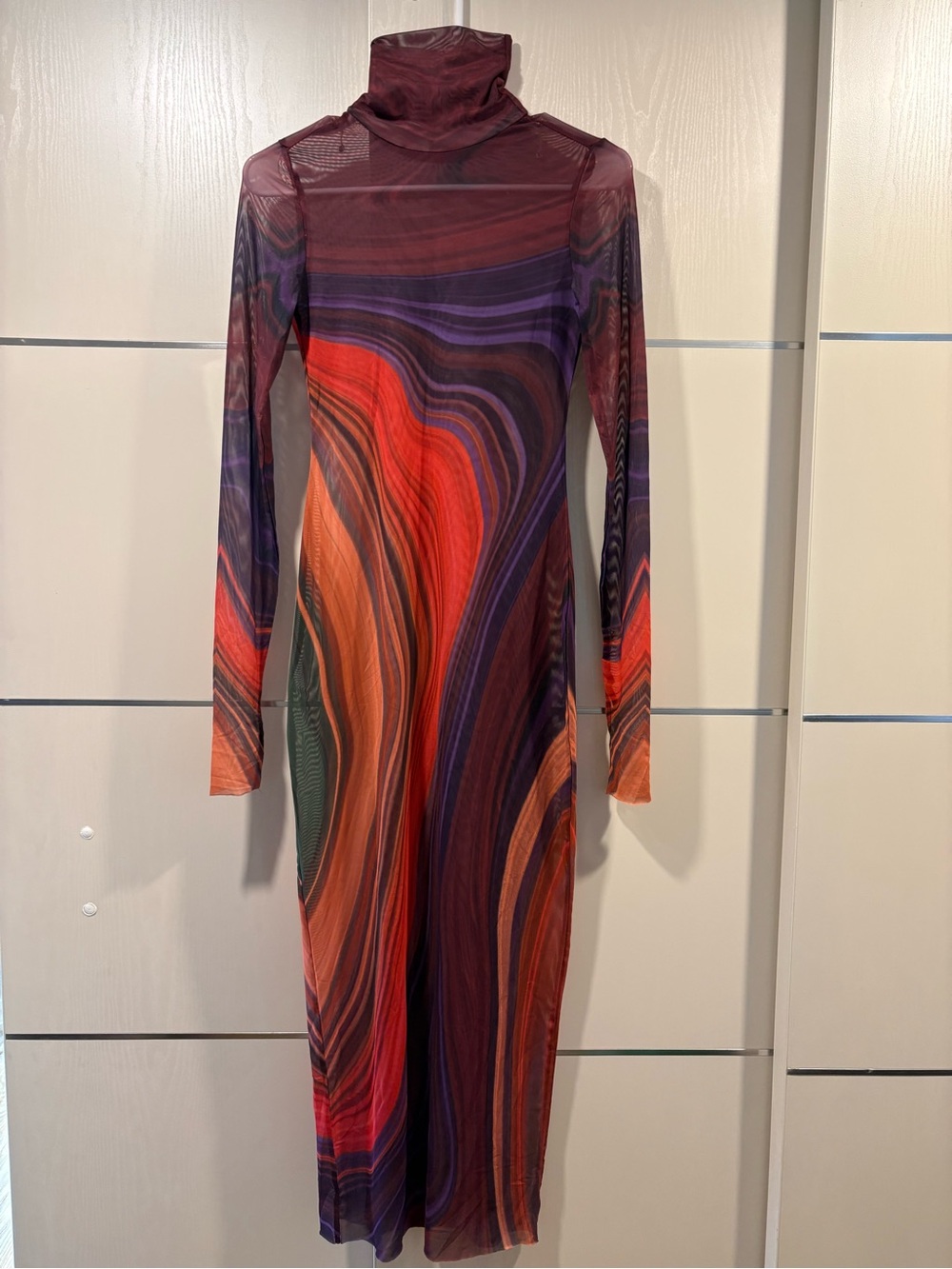 AFRM Multicolor Swirl Long Sleeve Turtleneck Mesh Dress